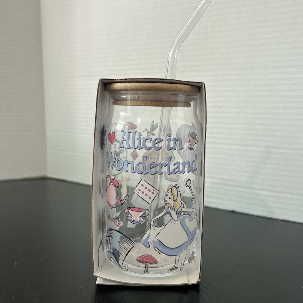 Disney Alice In Wonderland 16oz Glass Tumbler Sipper Cup w/ Bamboo Lid Straw